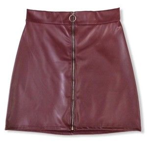 Burgundy Faux Front Zipper Mini Skirt